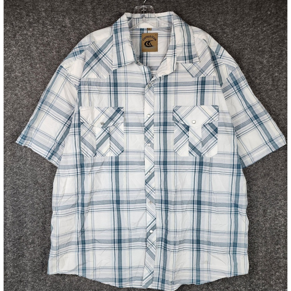 Coevals Club Western Shirt Men XXL White Blue Plaid Short Sleeve Snap Button Up